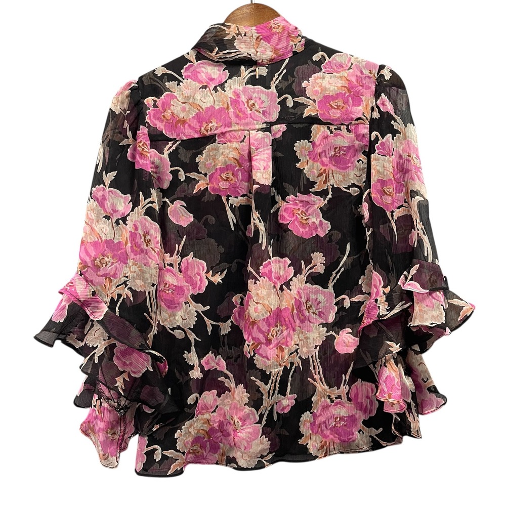 MISA Los Angeles Floral Tie Neck Blouse Womens XS Pink Ruffle Chiffon Fairy Y2K‎ - Picture 2 of 9